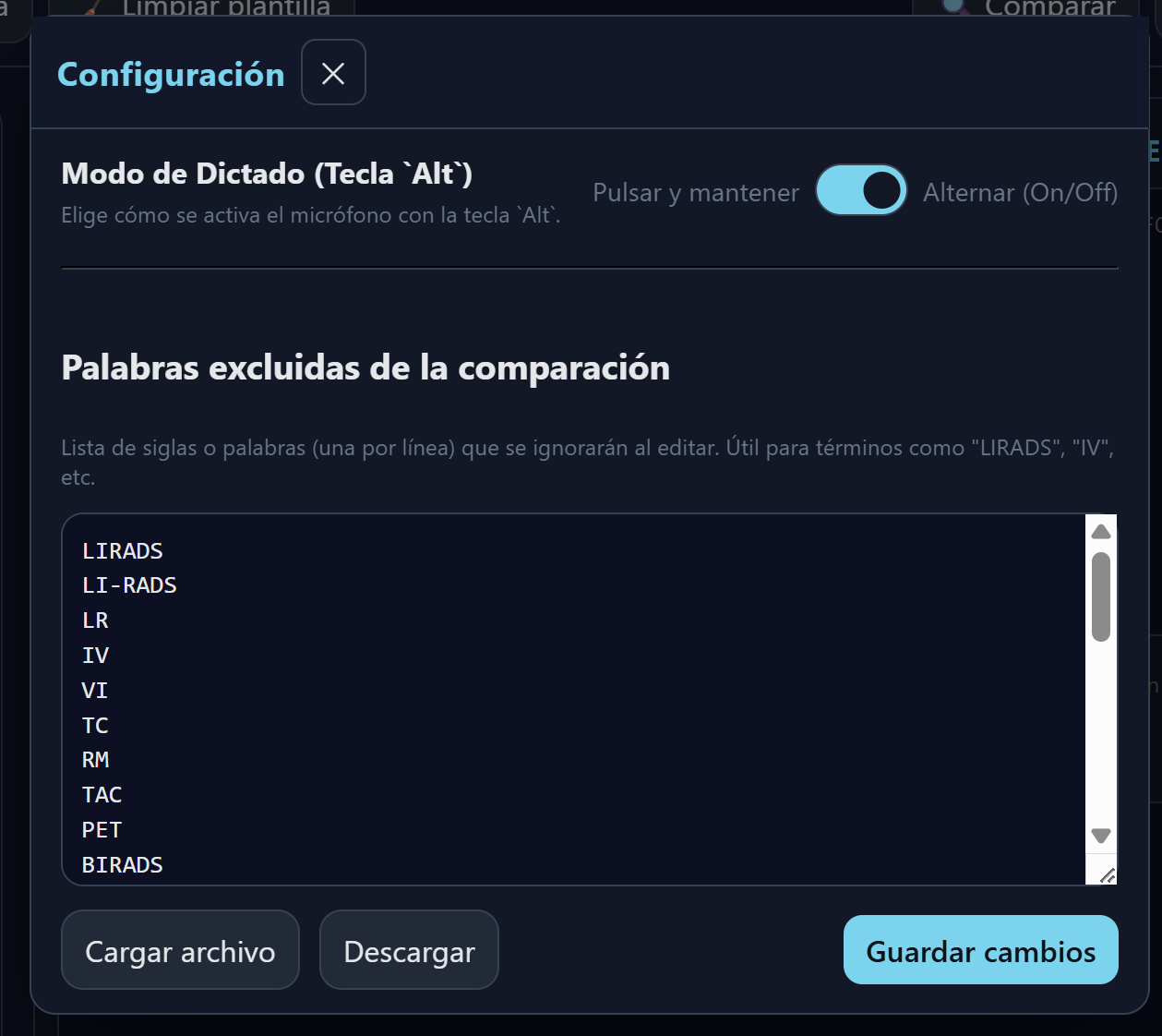 Modal de configuración